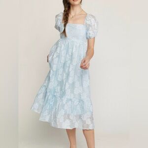 Baby Blue Floral Jacquard Midi Dress